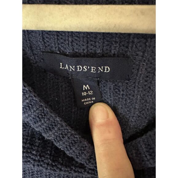 Land's End Oversized Striped Cable Knit Cotton Sweater SZ M Blue/Tan Scoop Neck - Picture 2 of 4